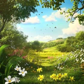 Idyllic Meadow Landscape with Bird Flight