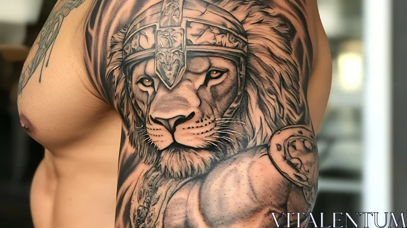 Detailed Lion with Armor Ink Tattoo AI Image