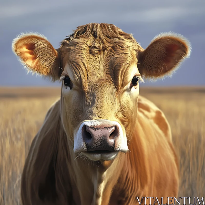 Tan Cow Close-Up in Grassy Field AI Image