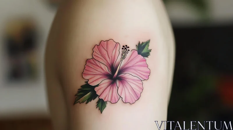 Realistic Pink Hibiscus Tattoo with Green Leaves AI Image