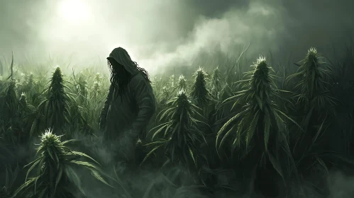 Hooded Wanderer in Misty Plant Field