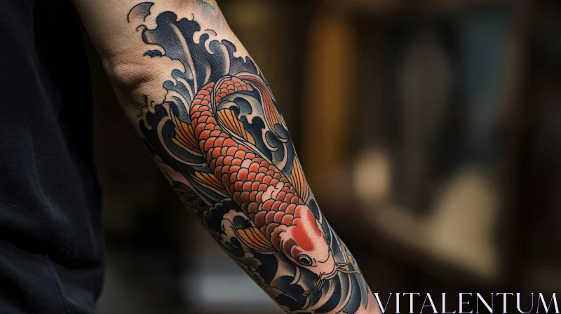 Intricate Koi Fish Tattoo with Waves AI Image