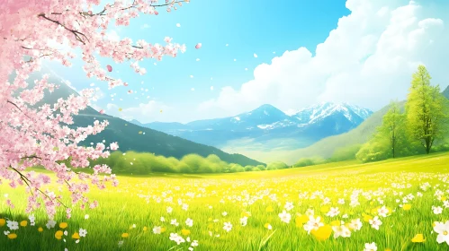 Spring Meadow Landscape with Flowers