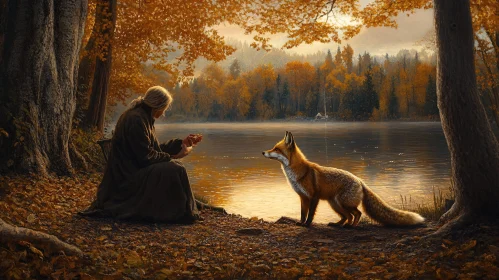Tranquil Lakeside Scene with Woman and Fox