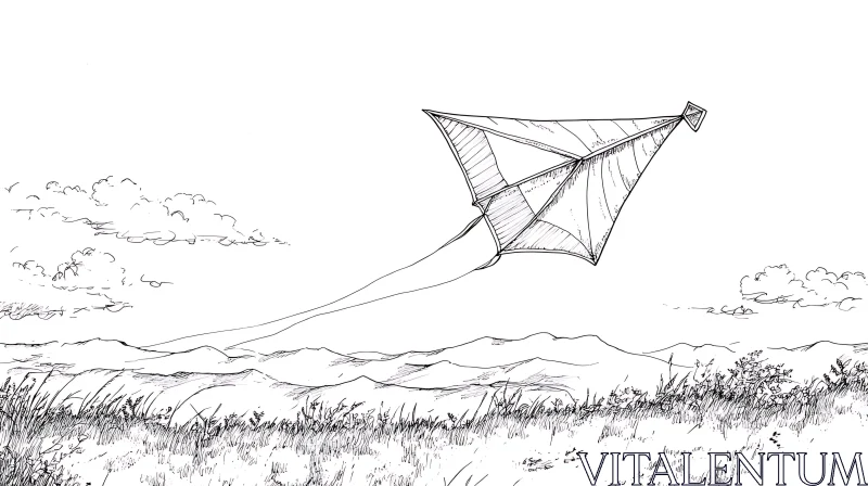 Sketch of a Kite Flying in a Natural Landscape AI Image