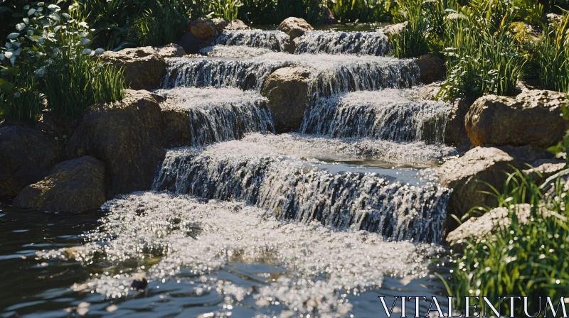 Cascading Waterfall Among Mossy Rocks AI Image