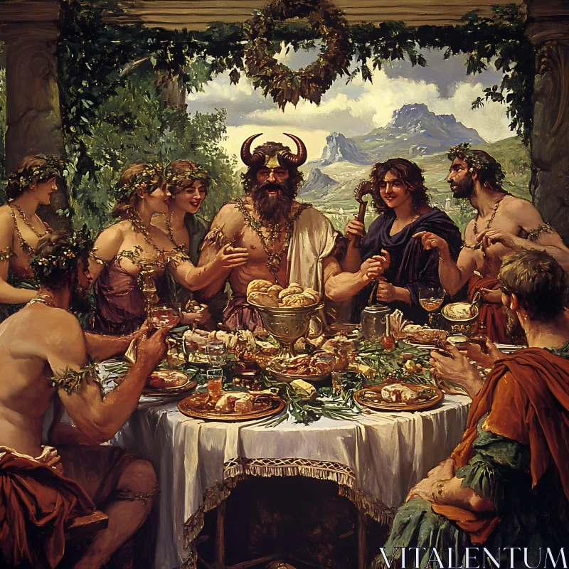 Lavish Feast Scene with Ancient Gods AI Image