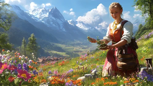 Alpine Meadow with Woman and Flowers