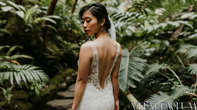 Ethereal Bride in a White Lace Wedding Dress | Lush Green Garden AI Image