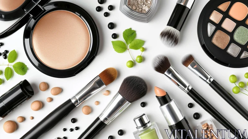 Modern Flat Lay of Makeup Products and Brushes on White Background AI Image