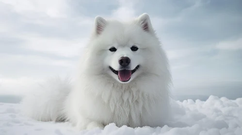 White Dog in Snow Under Clear Blue Sky - Monochromatic Artwork
