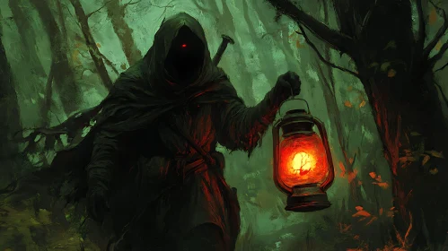 Mysterious Forest Wanderer with Glowing Lantern