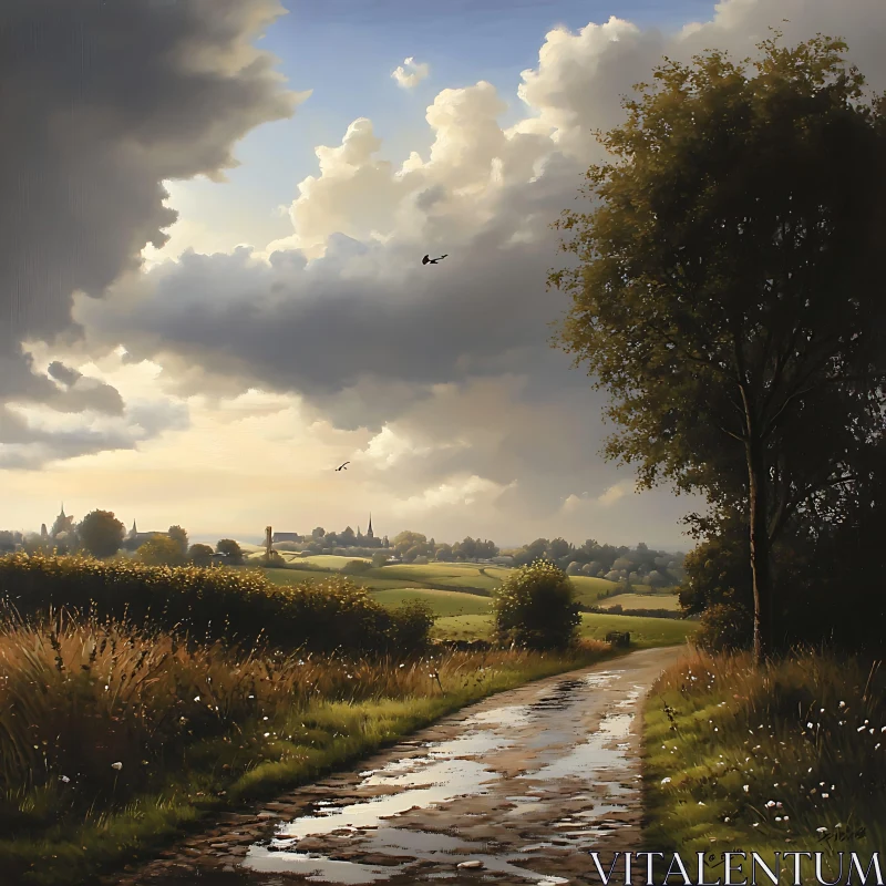 AI ART Peaceful Rural Landscape with Wet Road