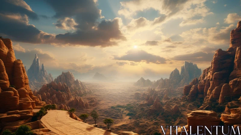 3D Rendered Rocky Desert Landscape with Golden Light AI Image