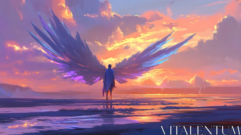 AI ART Figure with Wings on Beach at Sunset