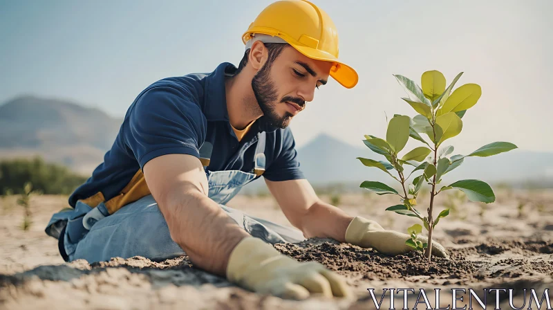 Man Planting Sapling: A Symbol of Environmentalism AI Image