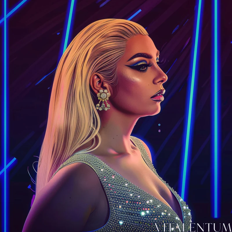 AI ART Lady Gaga in Stylish Silver Attire and Neon Setting