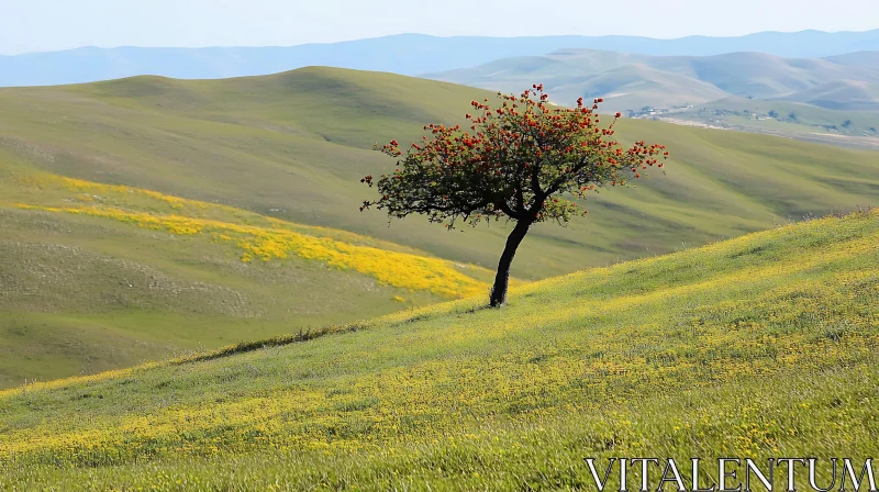 Solitary Tree in a Sunny Field AI Image