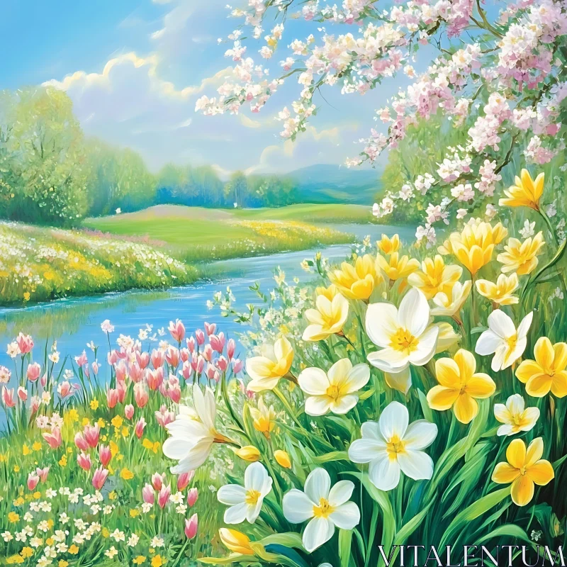 AI ART Spring Meadow with River