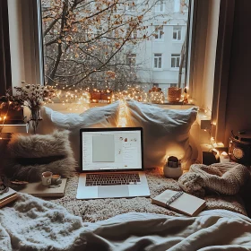 Warm and Comfortable Bed with Laptop