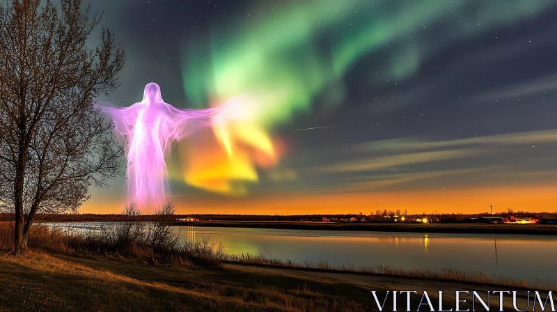 Night Figure Under Aurora Borealis AI Image