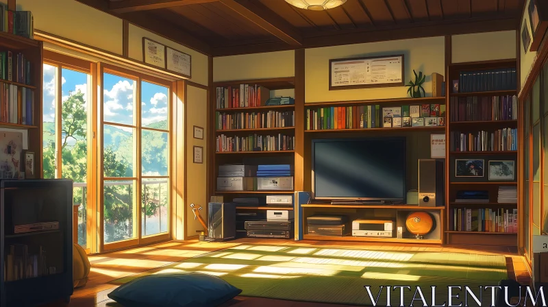 Cozy Interior with Bookshelves and Sunlight AI Image