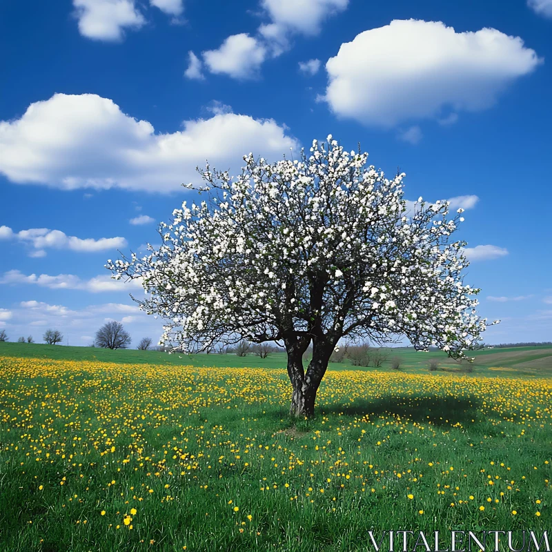 AI ART Spring Meadow with Blossoming Tree