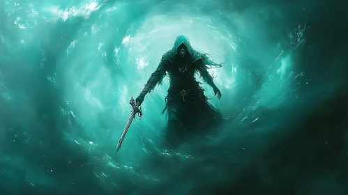 Cloaked Warrior Emerging from Teal Vortex