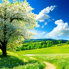 Spring Meadow with Blossoming Tree