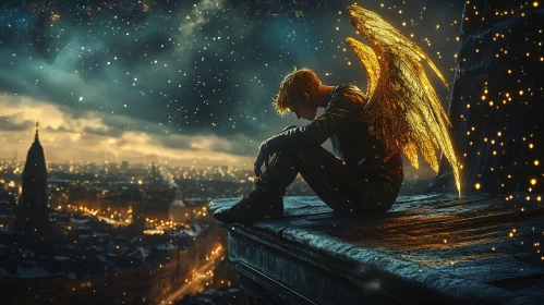 Golden Wings Angel Contemplating City View