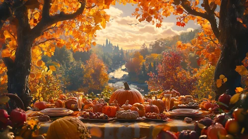 Thanksgiving Table with Pumpkins and Autumn Leaves