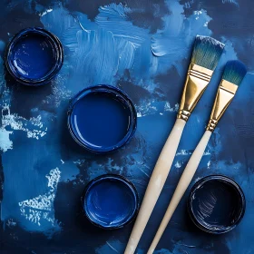 Blue Paint and Brushes Composition