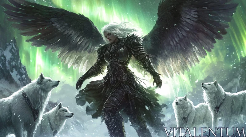 Armored Angel with Wolves in Northern Lights AI Image