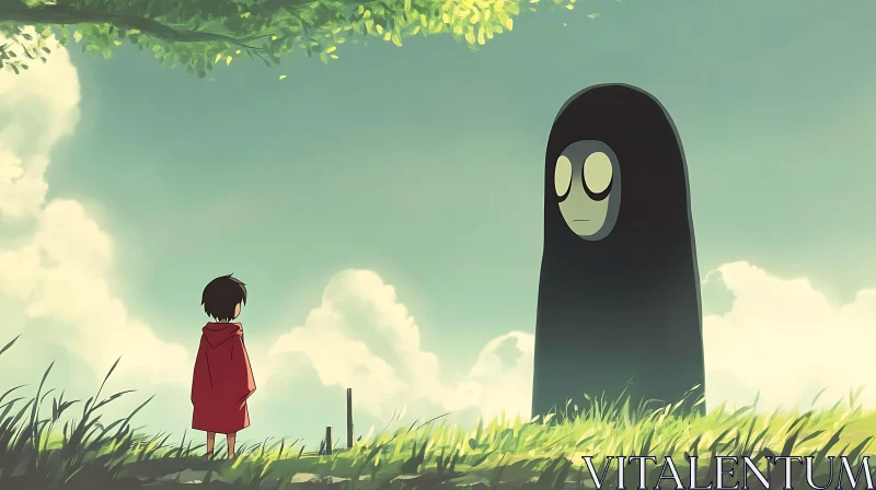 AI ART Anime Encounter: Child and Tall Figure in Field