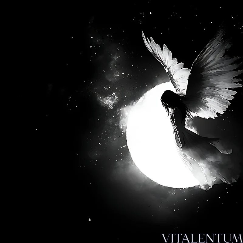 AI ART Monochrome Angel with Moonlit Wings