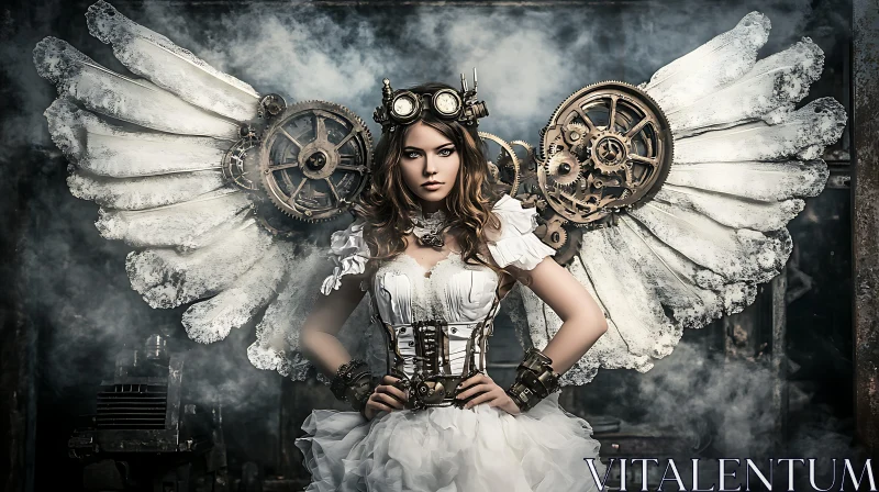 AI ART Woman with Mechanical Wings in Steampunk Style