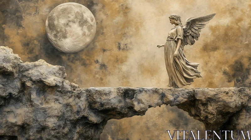 Moonlit Angel on Stone Bridge AI Image