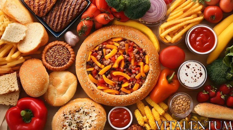 Vivid Food Display Featuring Pizza and Assorted Ingredients AI Image