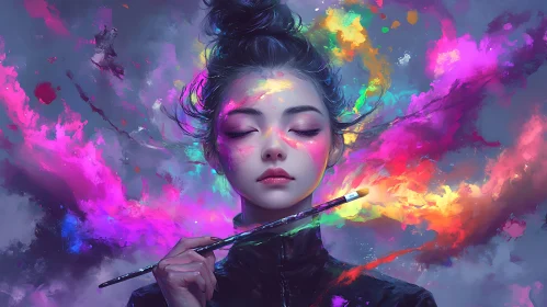 Colorful Portrait of a Woman with Brush