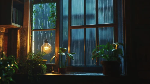 Cozy Indoor Scene with Rain and Plants