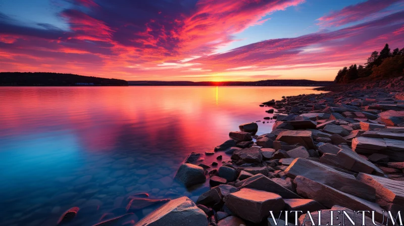 AI ART Breathtaking Sunset over a Serene Lake with Rocks | Vibrant Colors