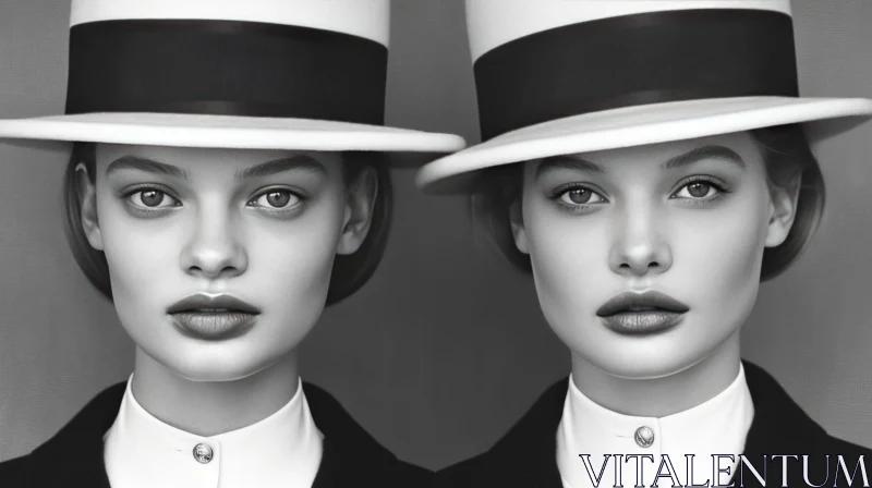 Captivating Portrait of Identical Young Women in Black and White AI Image