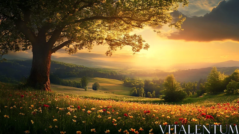 Golden Hour Meadow View AI Image