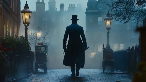 Misty Street Scene with Figure in Top Hat