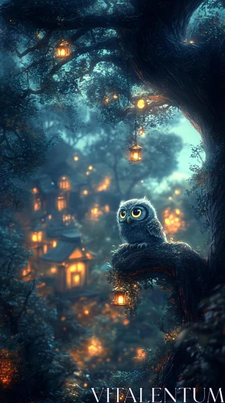 Lantern-Lit Owl in Magical Forest AI Image