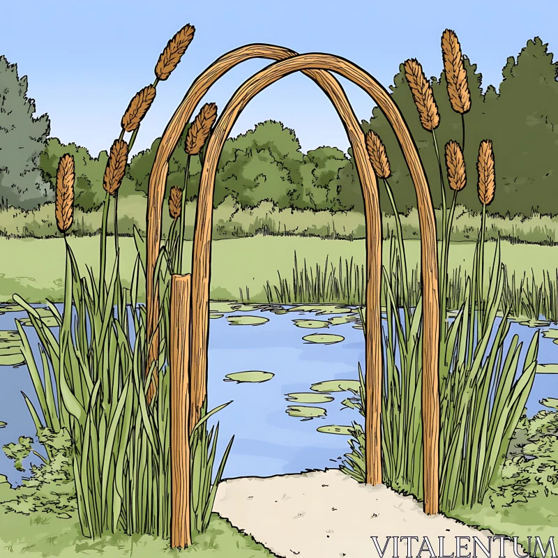 AI ART Pond View Through Wooden Arch