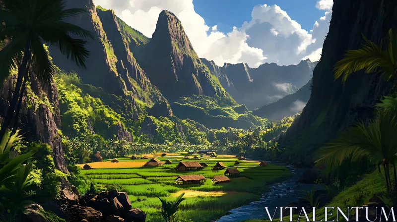 AI ART Lush Green Valley with Mountains