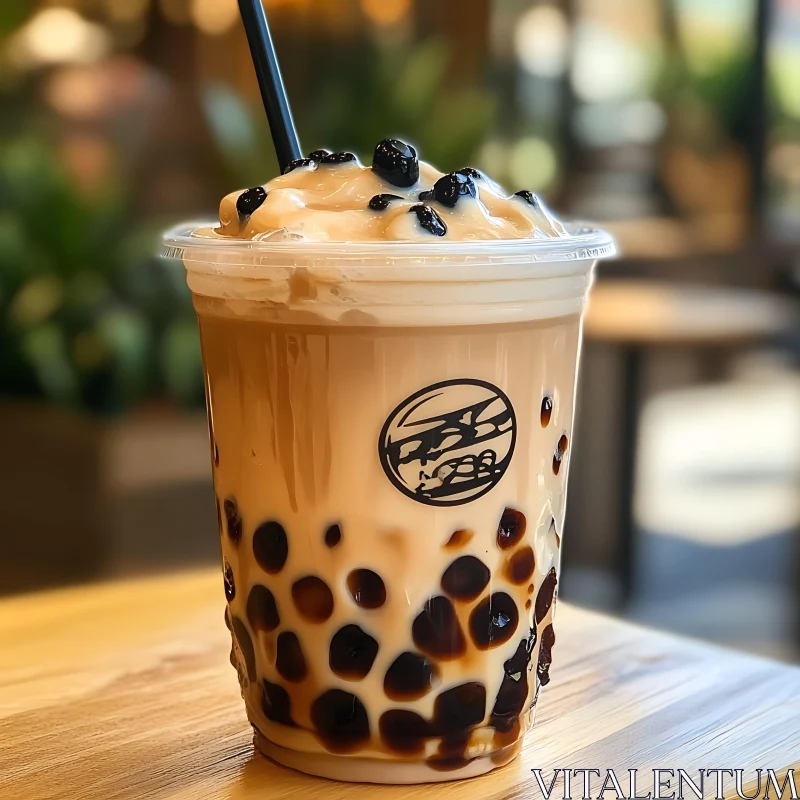 Creamy Bubble Tea with Black Tapioca Pearls AI Image