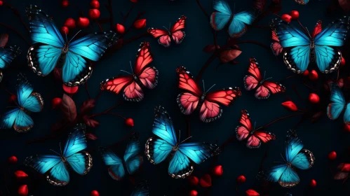 Luminous Blue Butterflies and Red Flowers Wallpaper