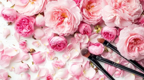 Pink Roses and Makeup Brushes: A Feminine and Romantic Flat Lay